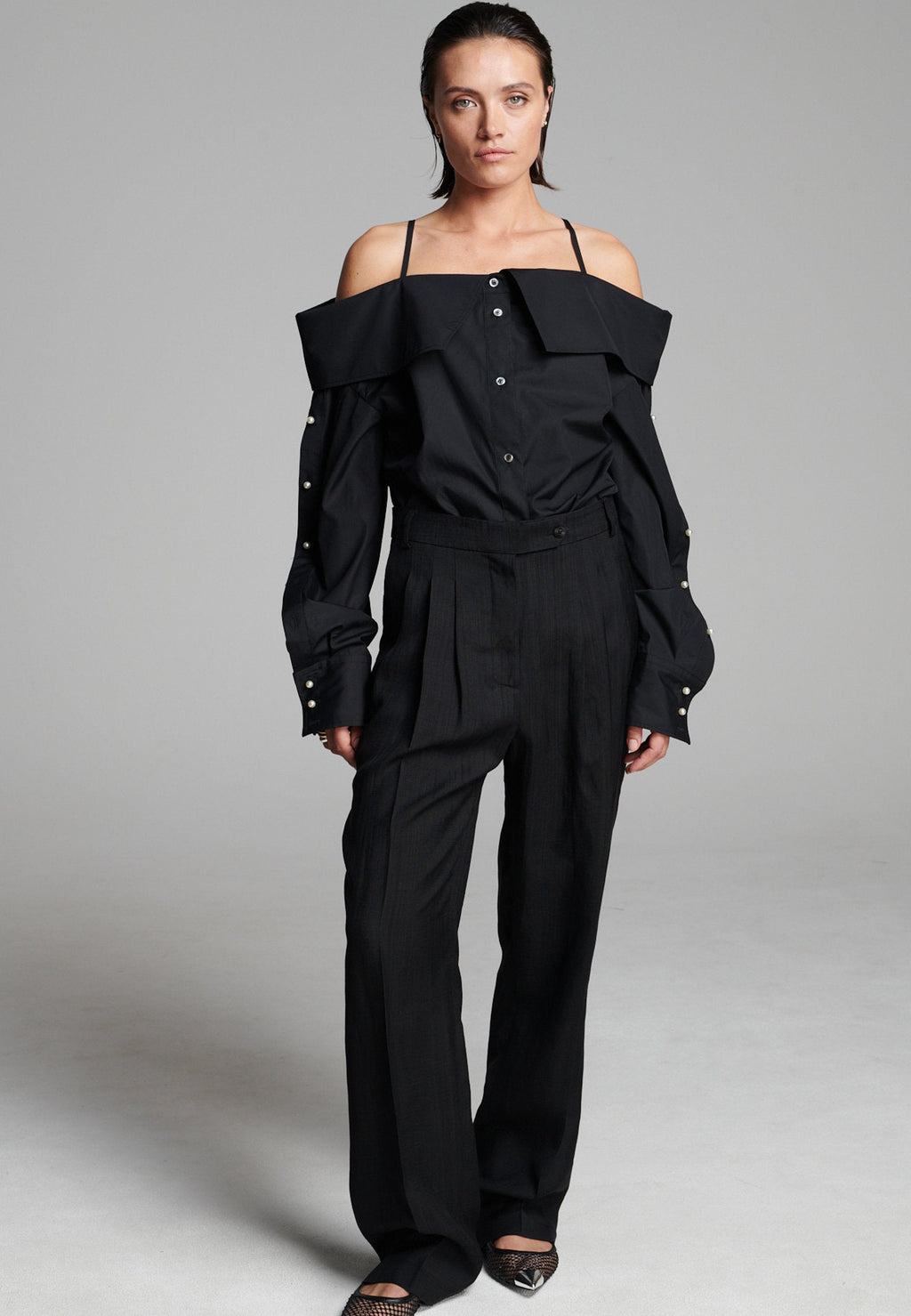 Snap Spagetti Strap Shirt Black