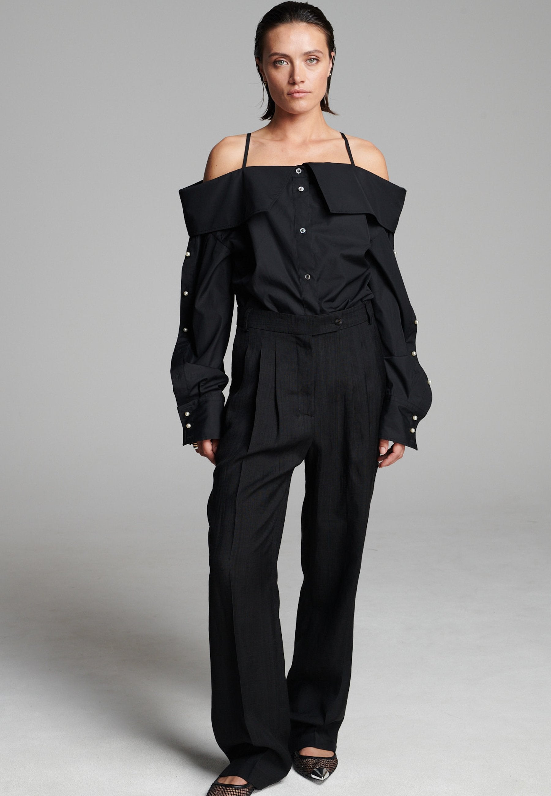 Snap Spagetti Strap Shirt Black